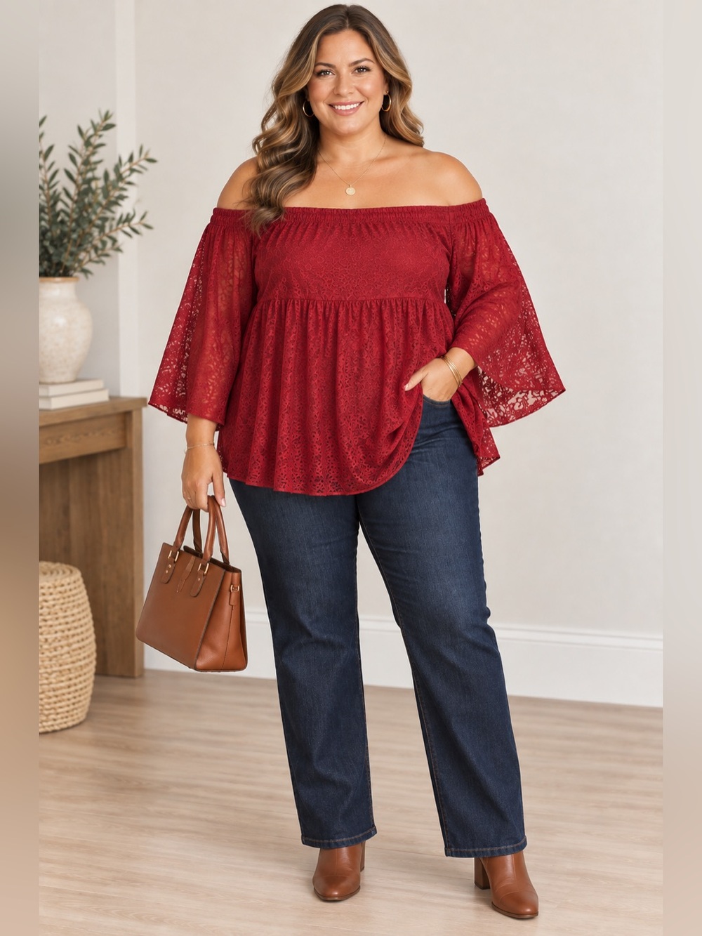 Torrid Red Floral Off Shoulder Peasant Blouse Bell Sleeves Babydoll Lace 5X Top
